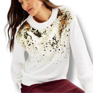 Nine West Size Large White Sweater Gold Scatter Sequins White Polyester NWOT